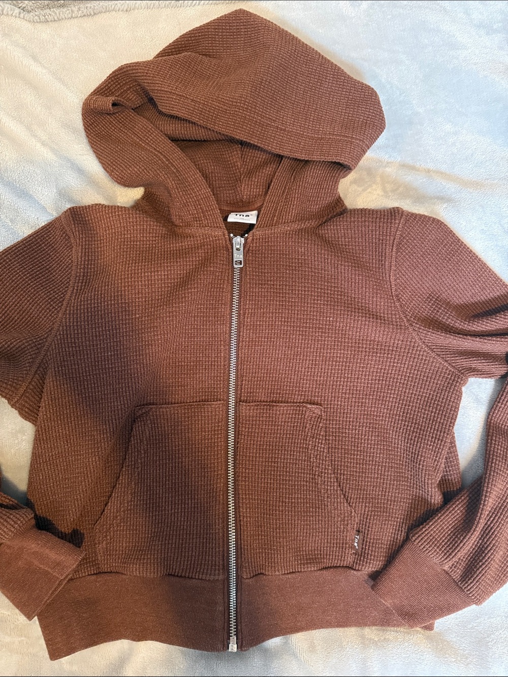 TNA Waffle-Knit Hooded Zip Jacket — Brown
